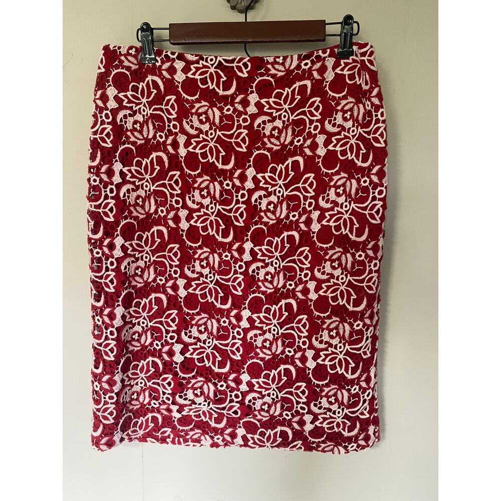 Talbots Red Ecru Lace Overlay Pencil Skirt 12 Classic Unexpected